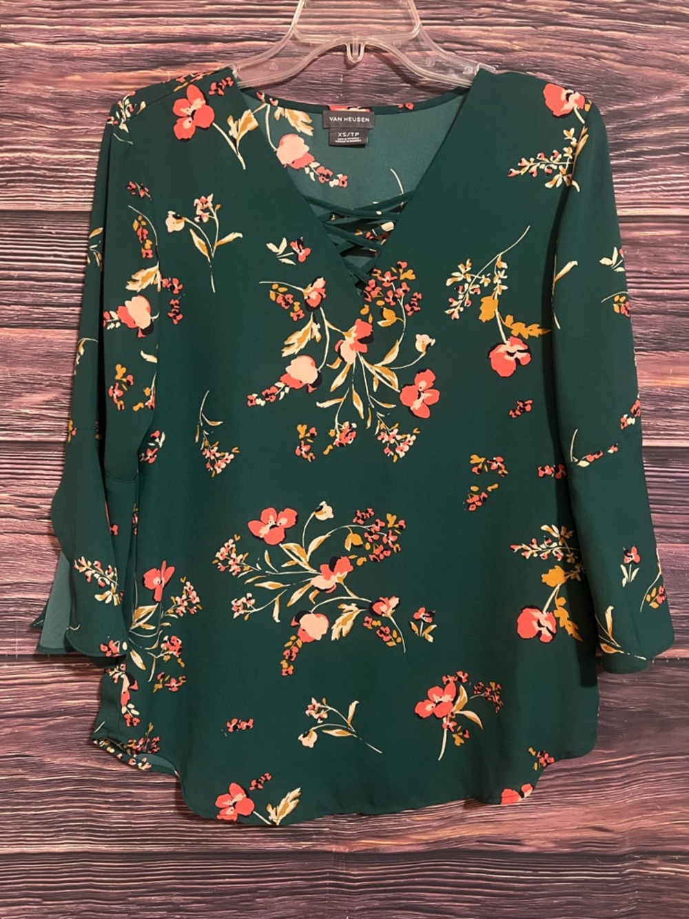 Van Heusen Dark Green Floral Crisscross V-Neck Blouse with Coral Accents